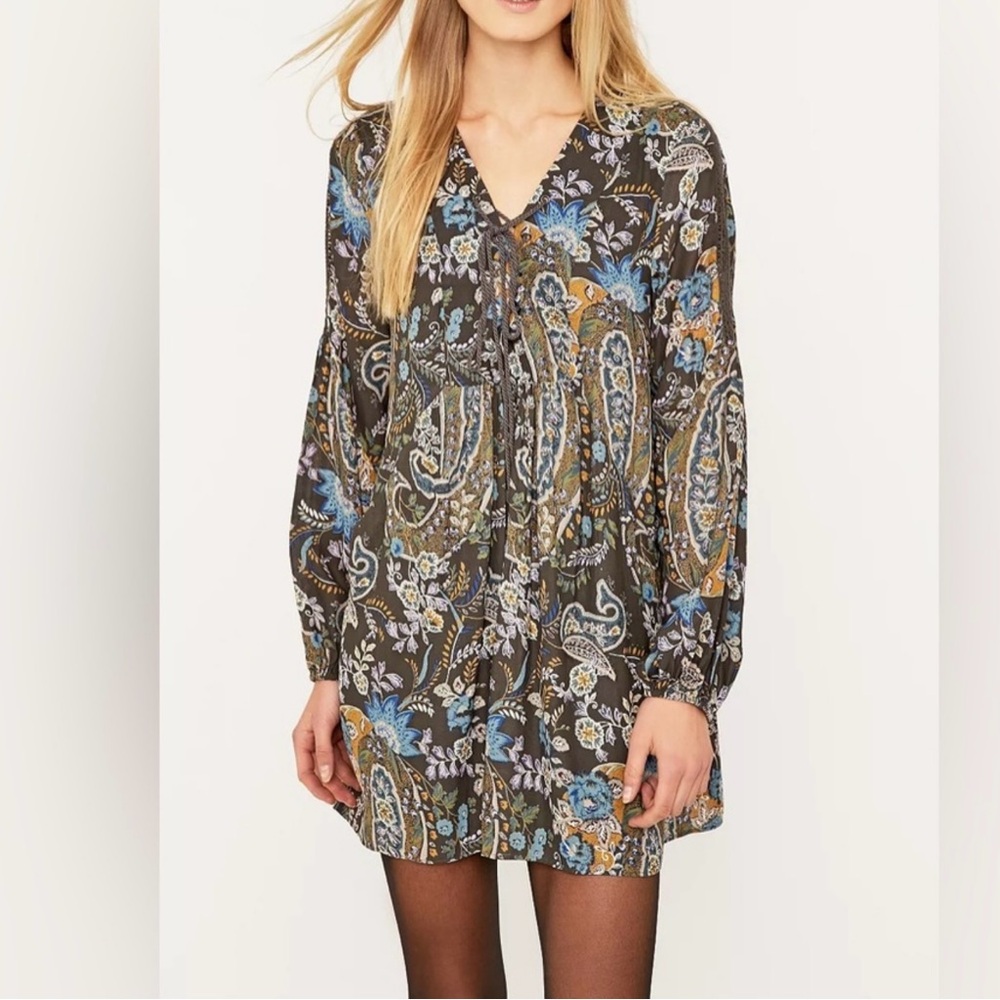 Free People | Rain or Shine Paisley Lace Up Boho Peasant Sleeve Dress Size XS